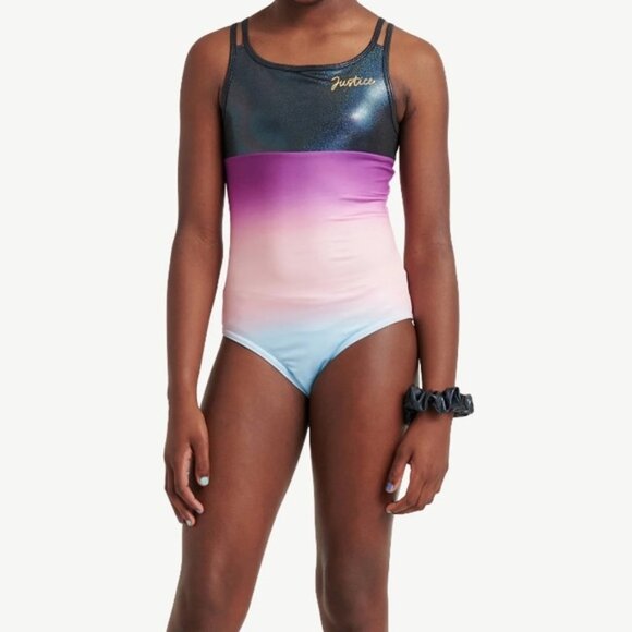 NEW 2Pc 12-14 (L) Girls Ombre Macrame Back Leotard w/ Matching Hair Scrunchie - Picture 3 of 6